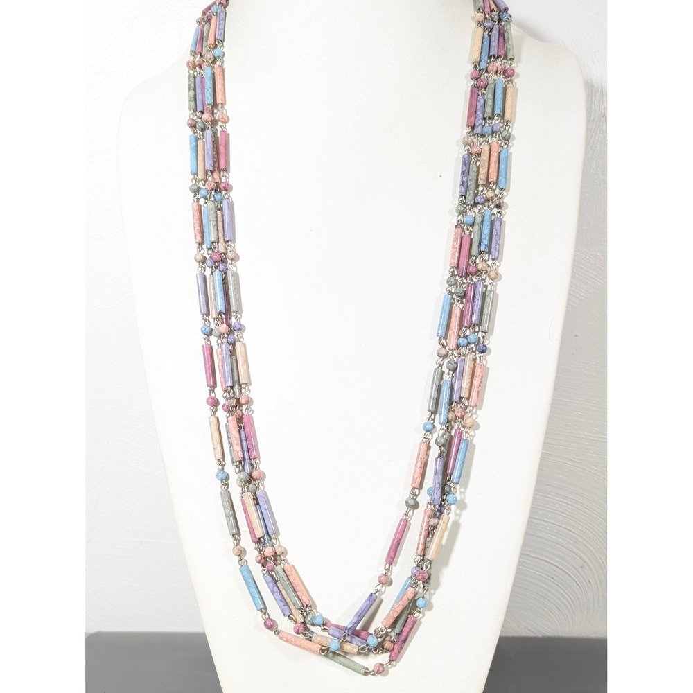 Vintage Pastel Swirl Bugle Bead Long Necklace Blue Green Pink 36"
